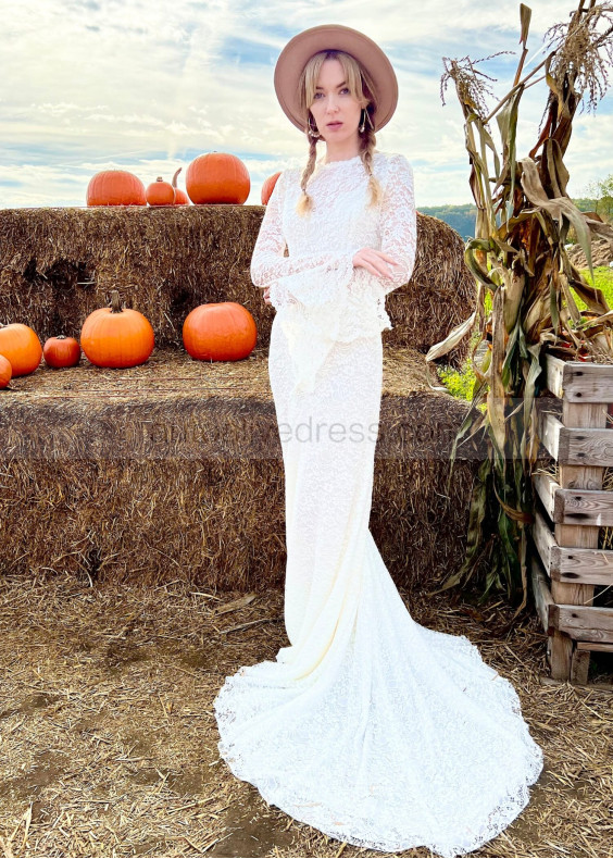 Long Sleeves Ivory Lace V Back Gorgeous Wedding Dress